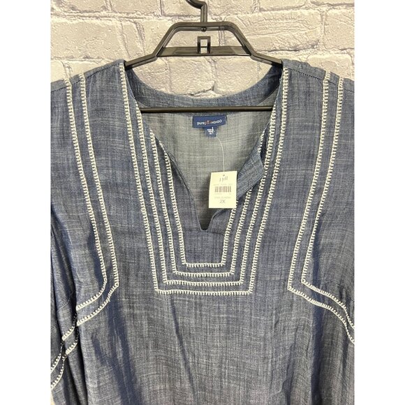 J. Jill Pure Jill Indigo 2X  Whipstitched Embroidered Dress Chambray Tencel Blue - Picture 3 of 11